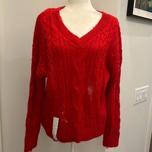 NWT- Wild Fable long sleeves cable knit V-neck distressed sweater. Size M